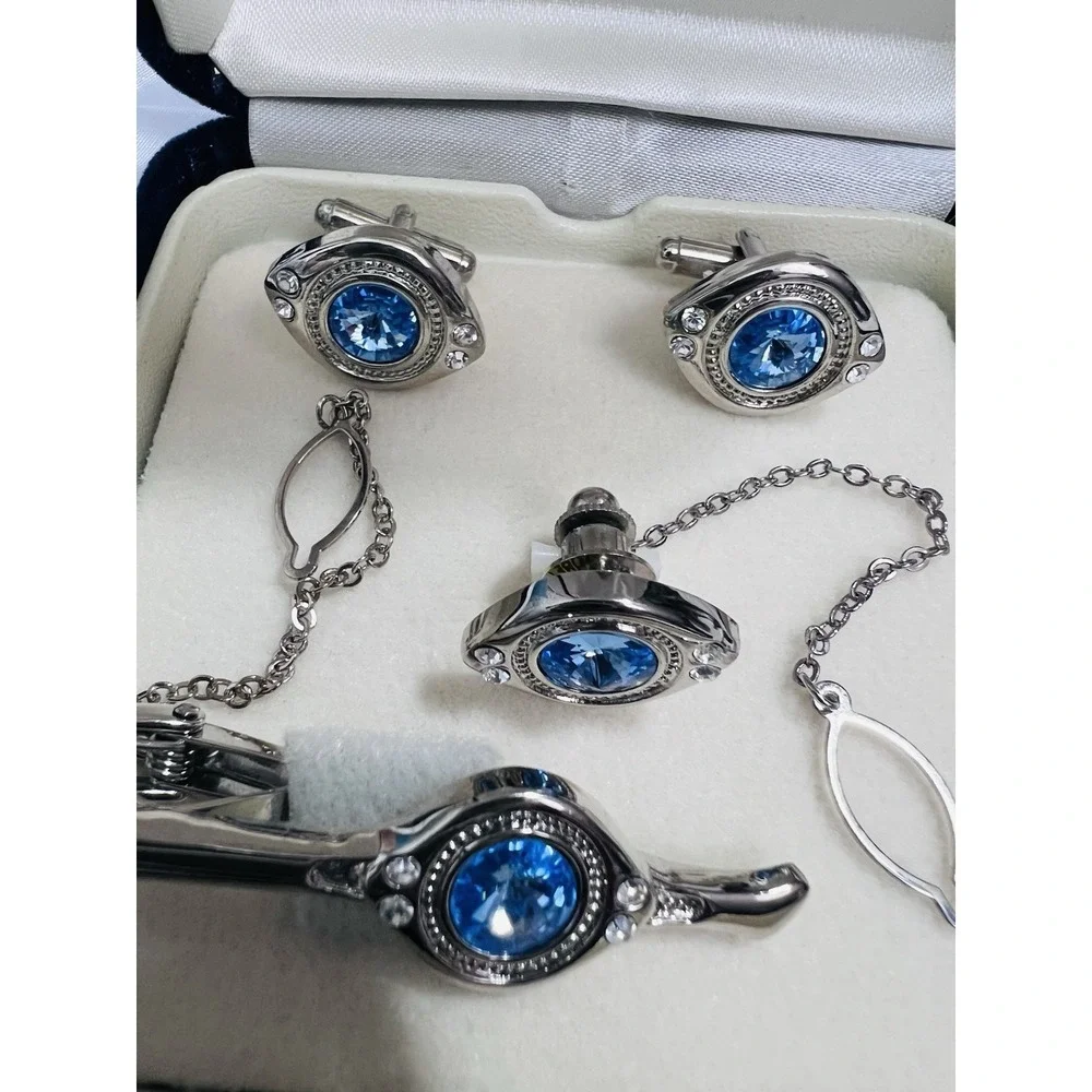 Vintage Fratello Cufflinks & Tie Bar Set Silver Tone Blue Accent Classic Elegant